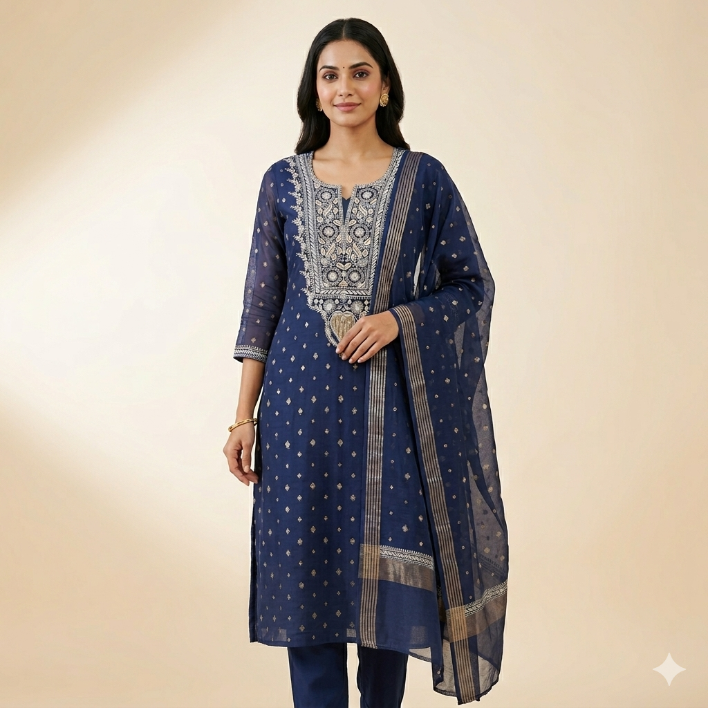 Banarasi Mul Chanderi Silk Suit (Royal Blue) | Lucknowi Chikan Handwork | Shirt Dupatta Set | Unstitched