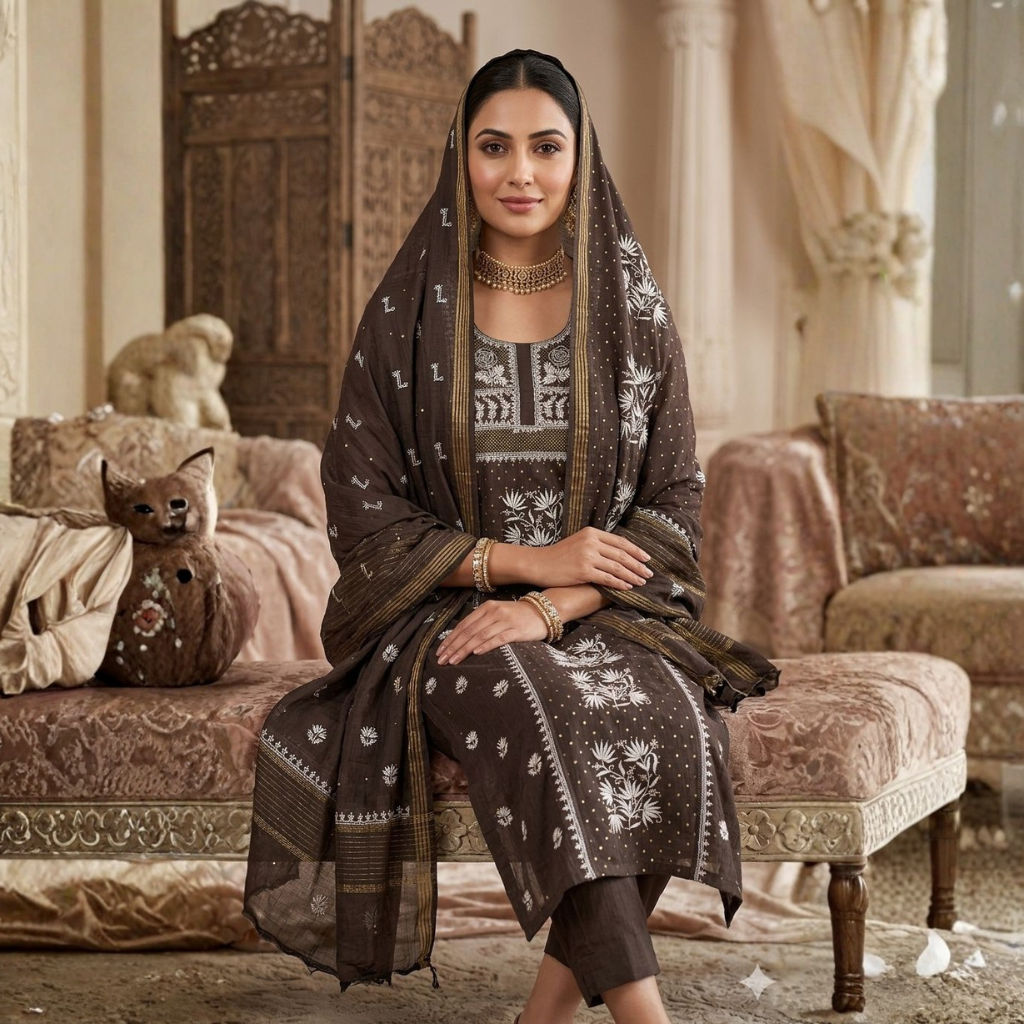 Bharat Chikan Soft Chanderi Silk Suit | Lucknowi Chikan & Mukaish Work | Elegant Shirt Dupatta Set | Unstitched