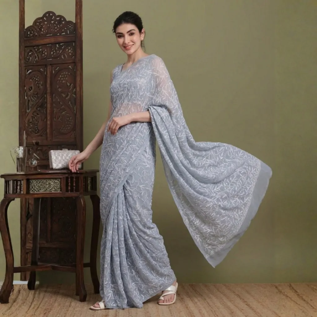 Grey Tepchi Hand-Made Chikankari Saree | Bharat Chikan Udhyog