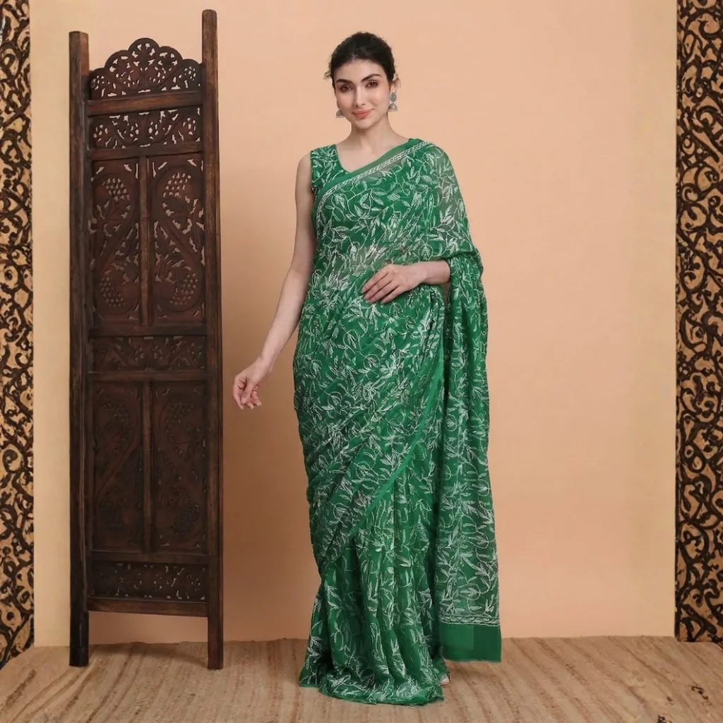 Bottle Green Tepchi Hand-Made Chikankari Saree | Bharat Chikan Udhyog