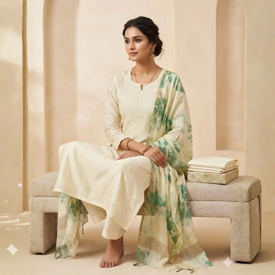 Bharat Chikan Pure Chanderi Silk Chikan Suit Set | Tie & Dye Dupatta | Unstitched | Shirt, Dupatta & Bottom Set