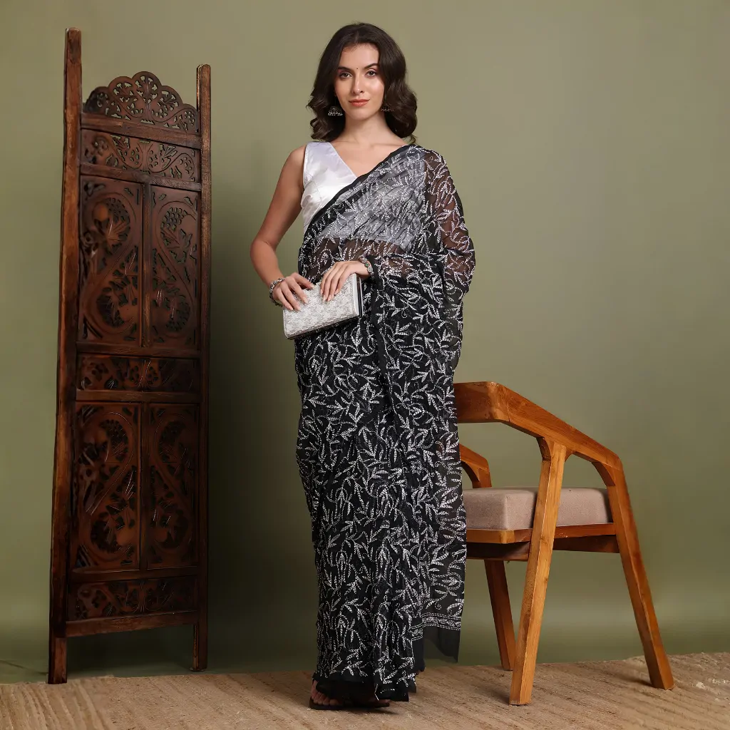 Black Tepchi Hand-Made Chikankari Saree | Bharat Chikan Udhyog