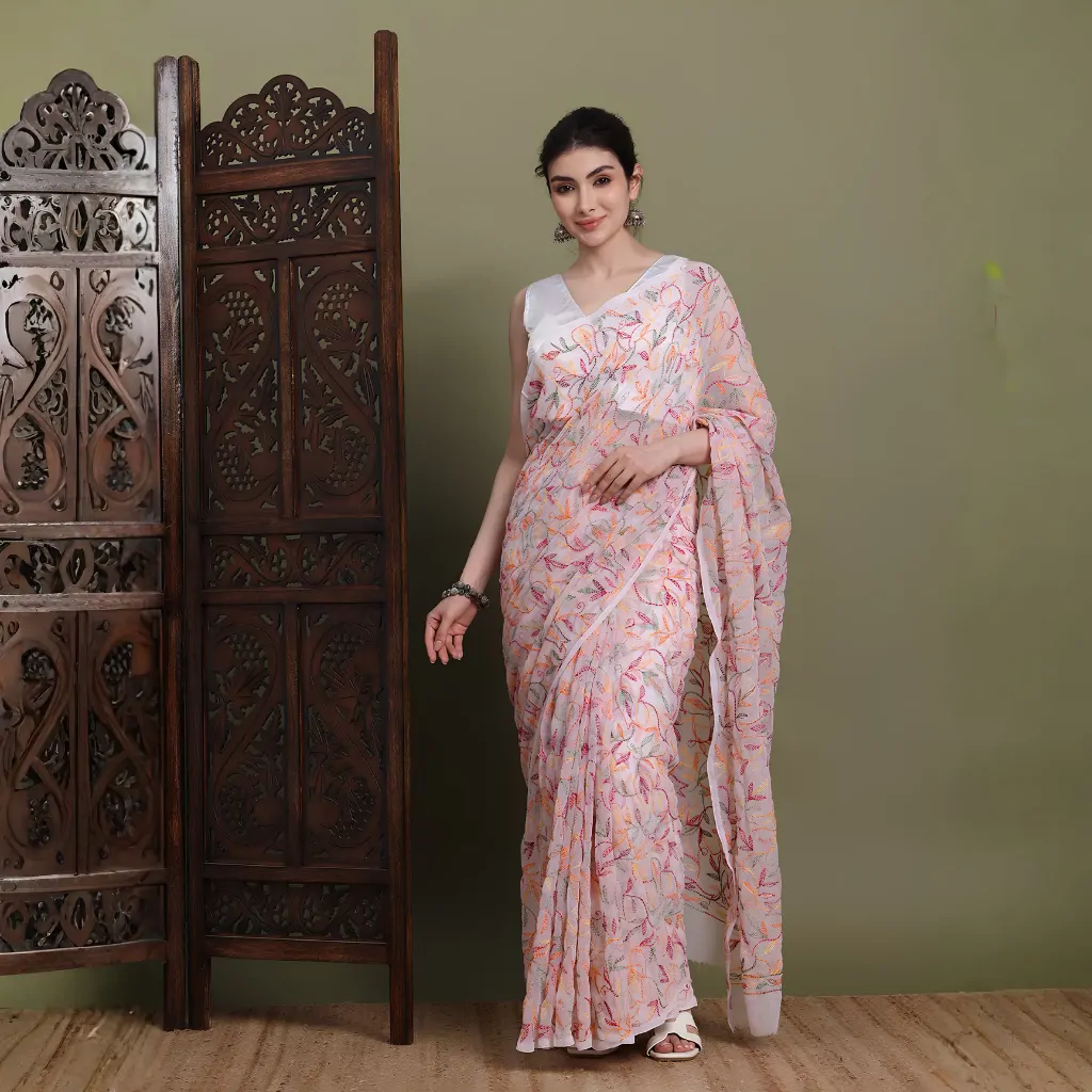 Baby Pink Tepchi Hand-Made Chikankari Saree | Bharat Chikan Udhyog
