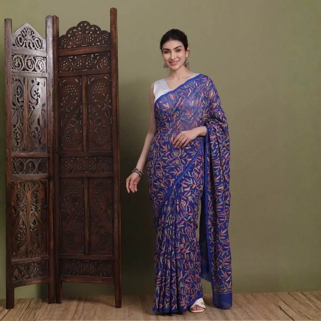 Royal Blue Multi-Color Tepchi Hand-Made Chikankari Saree | Bharat Chikan Udhyog