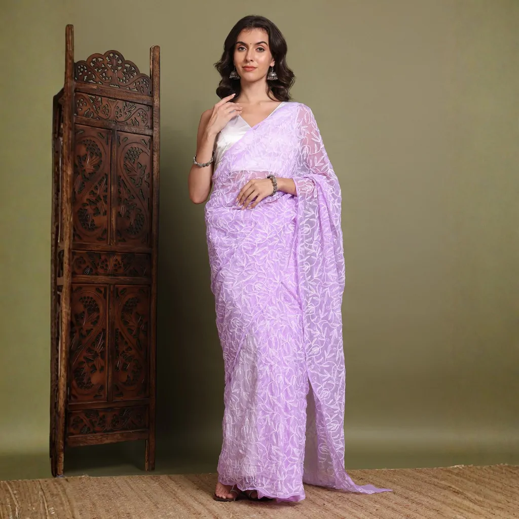 Lavender Tepchi Hand-Made Chikankari Saree | Bharat Chikan Udhyog