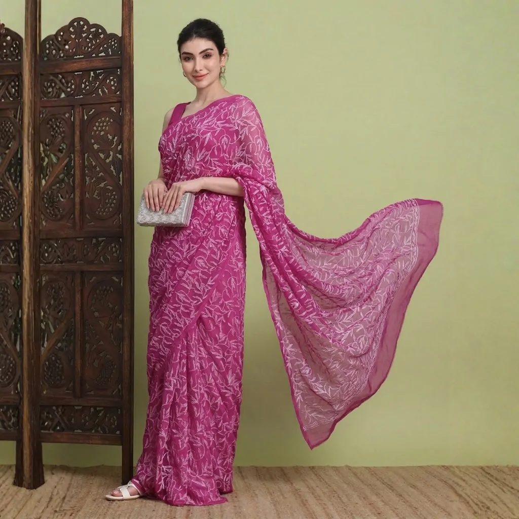 Magenta Pink Tepchi Hand-Made Chikankari Saree | Bharat Chikan Udhyog