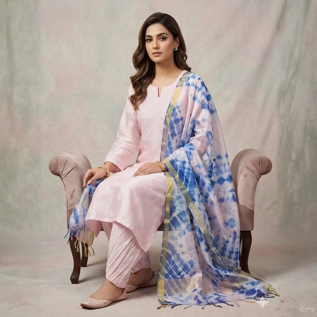 Bharat Chikan Pure Chanderi Silk Chikan Suit Set | Bharat Chikan Udhyog | Unstitched