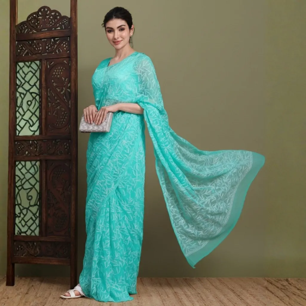 Mint Green Tepchi Hand-Made Chikankari Saree | Bharat Chikan Udhyog