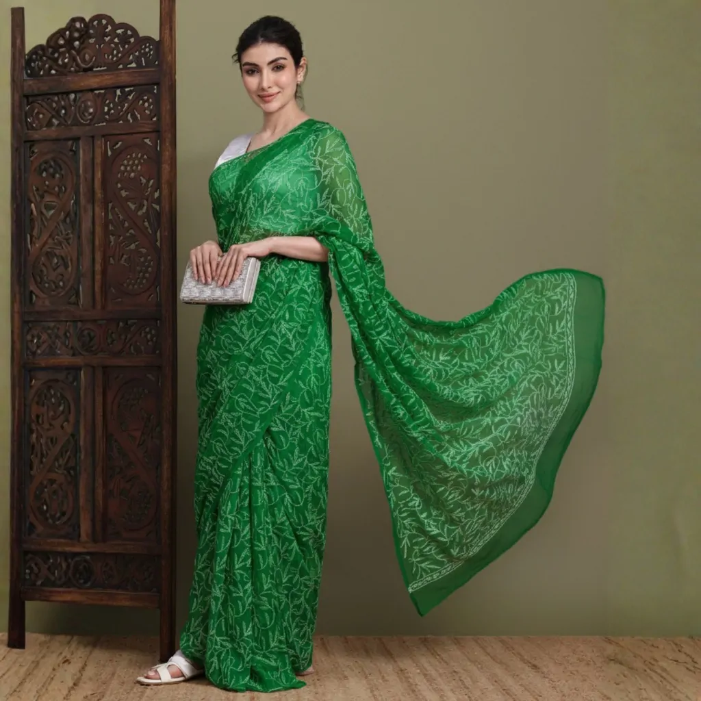 Parrot Green Tepchi Hand-Made Chikankari Saree | Bharat Chikan Udhyog