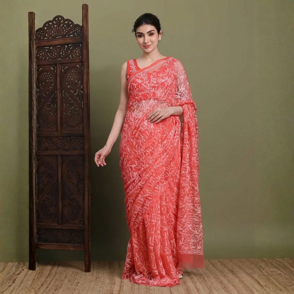 Peach Tepchi Hand-Made Chikankari Saree | Bharat Chikan Udhyog