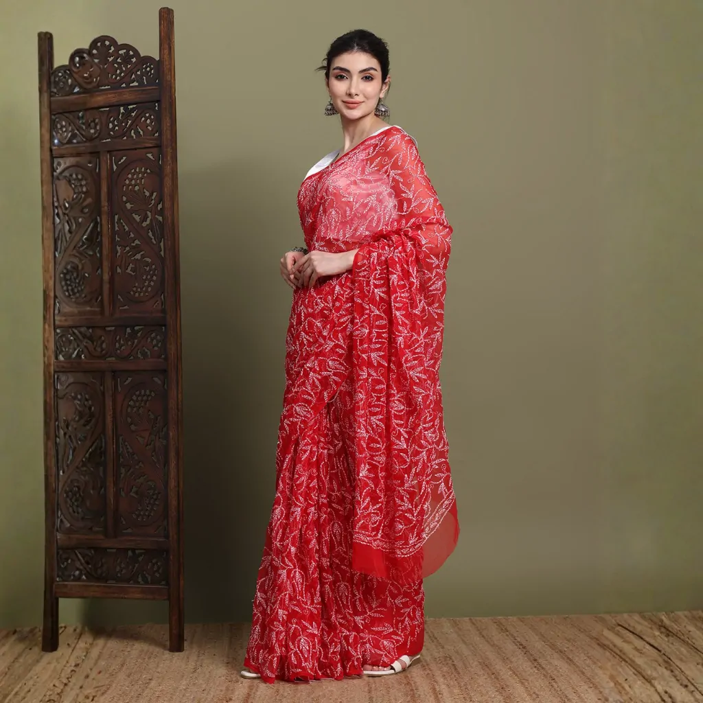Red Tepchi Hand-Made Chikankari Saree | Bharat Chikan Udhyog
