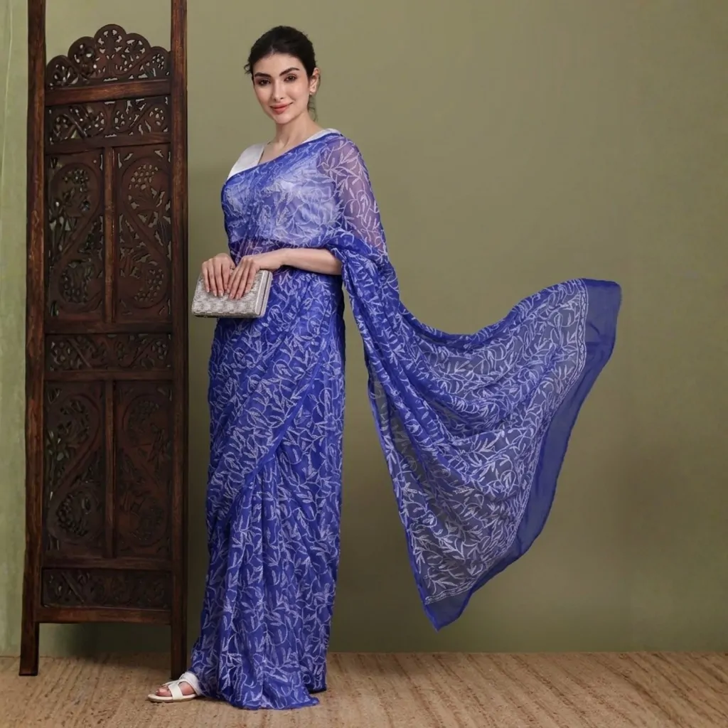 Royal Blue Tepchi Hand-Made Chikankari Saree | Bharat Chikan Udhyog