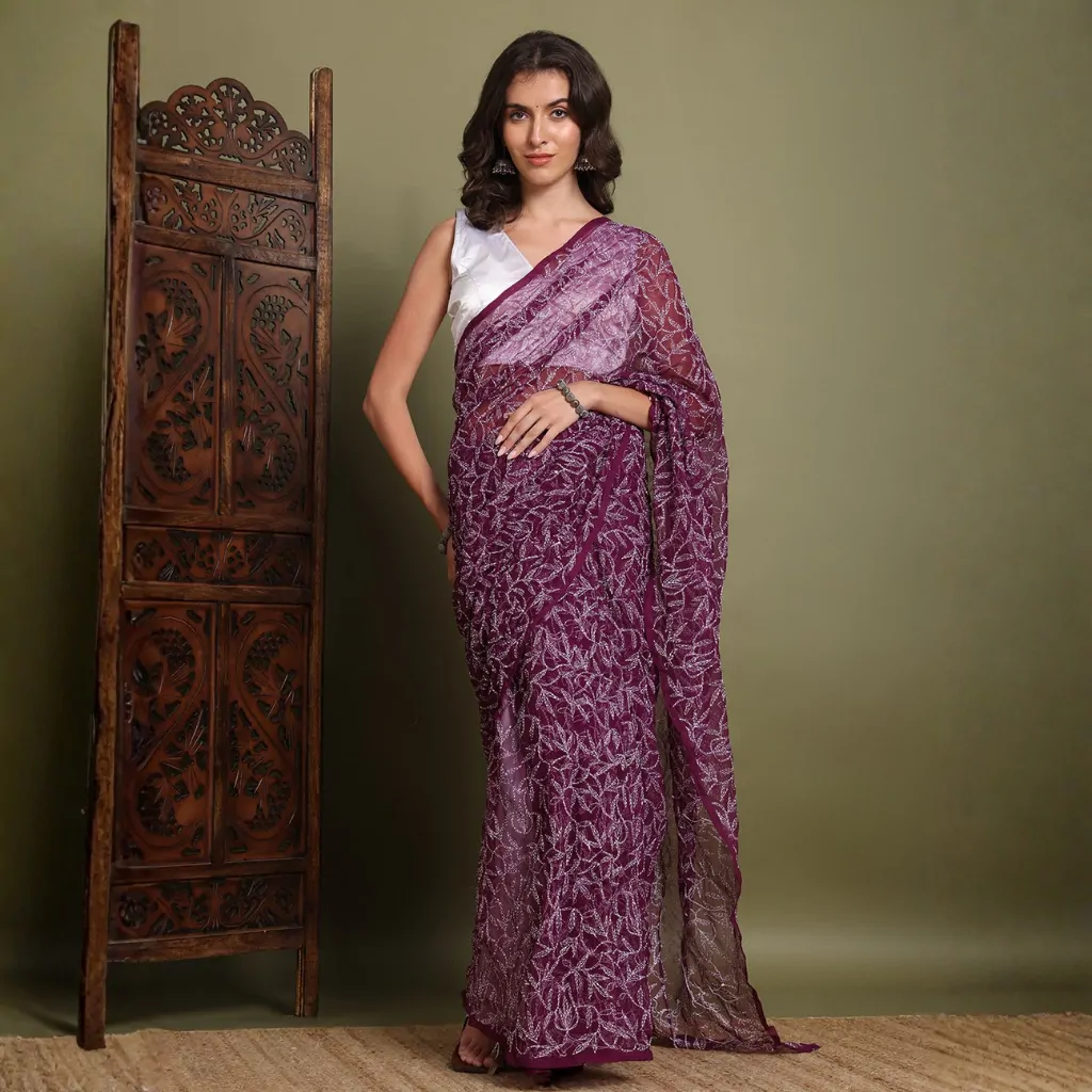 Wine Tepchi Hand-Made Chikankari Saree | Bharat Chikan Udhyog