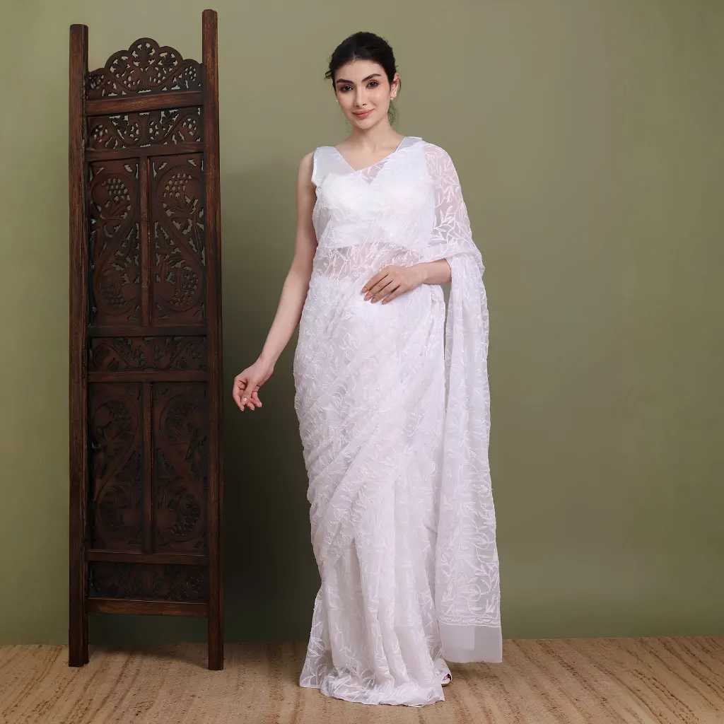 White Tepchi Hand-Made Chikankari Saree | Bharat Chikan Udhyog