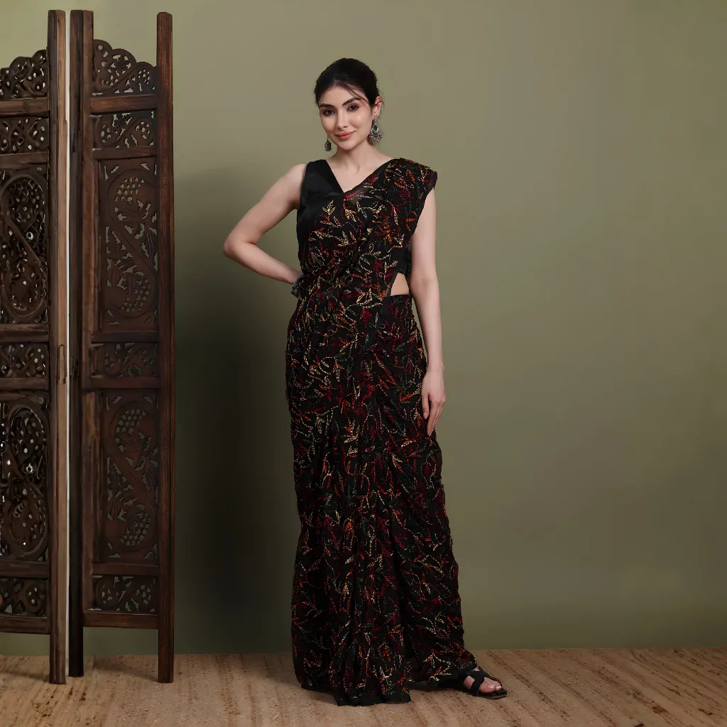 Black Multi-Color Tepchi Hand-Made Chikankari Saree | Bharat Chikan Udhyog