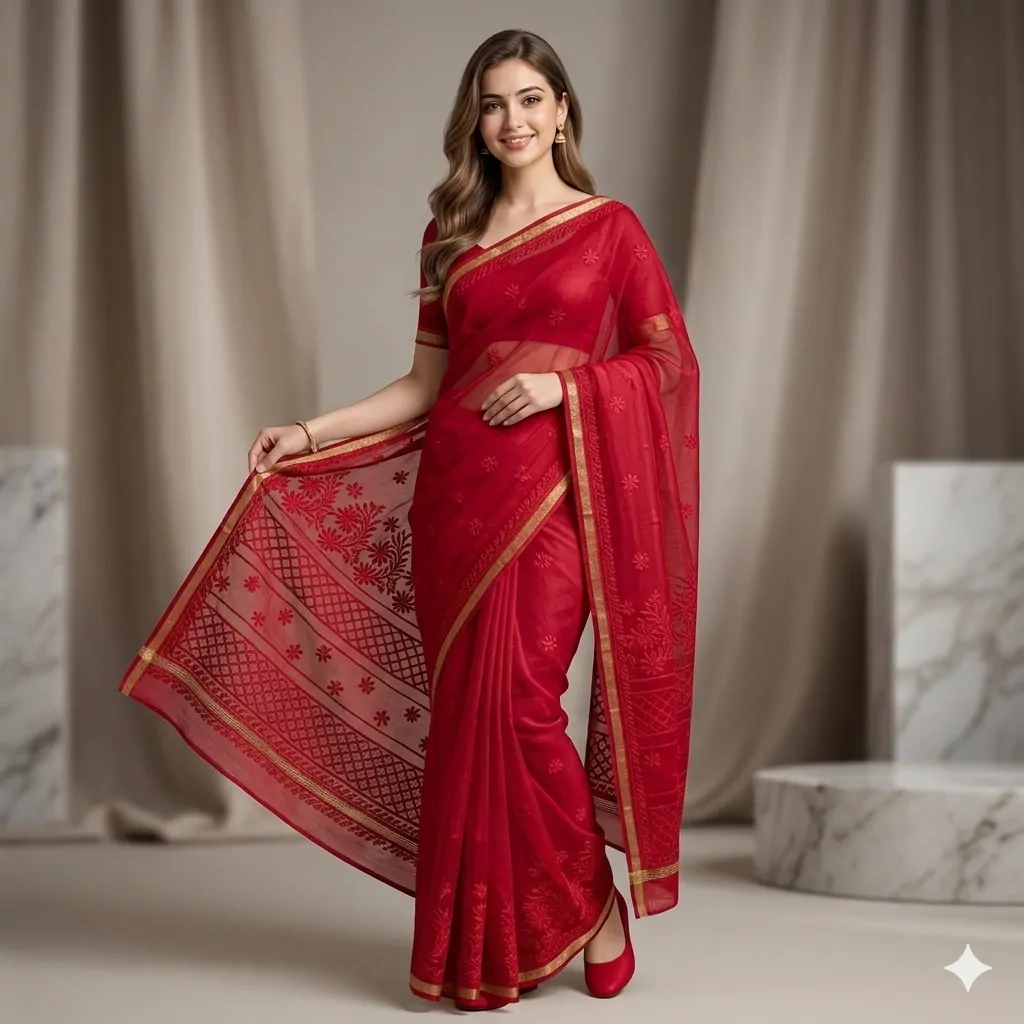 Bharat Chikan Pure Chanderi Silk Saree | Lucknowi Chikan Work | Soft Elegant Saree with Blouse